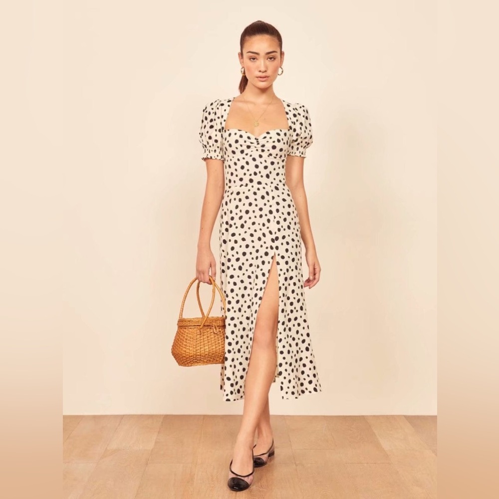 Reformation Lacey Midi Dress in White/Black Polka Dot size 2
